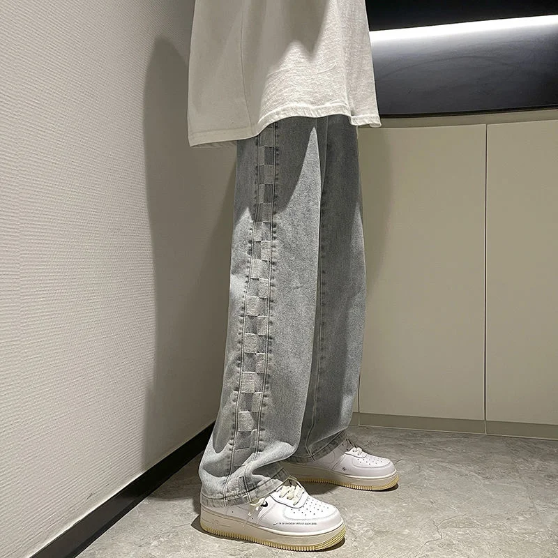 Privathinker Side Plaid Jeans For Men Loose Fashion Straight Denim Pants Harajuku Streetwear Hip Hop Casual Male Trousers