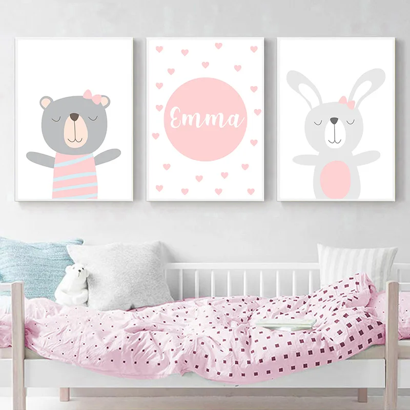 

Custom Named Baby Wall Art Poster Bear Rabbit Bowknot Animal Print Pink Girls Canvas Painting Abstract Pictures Kids Room Decor