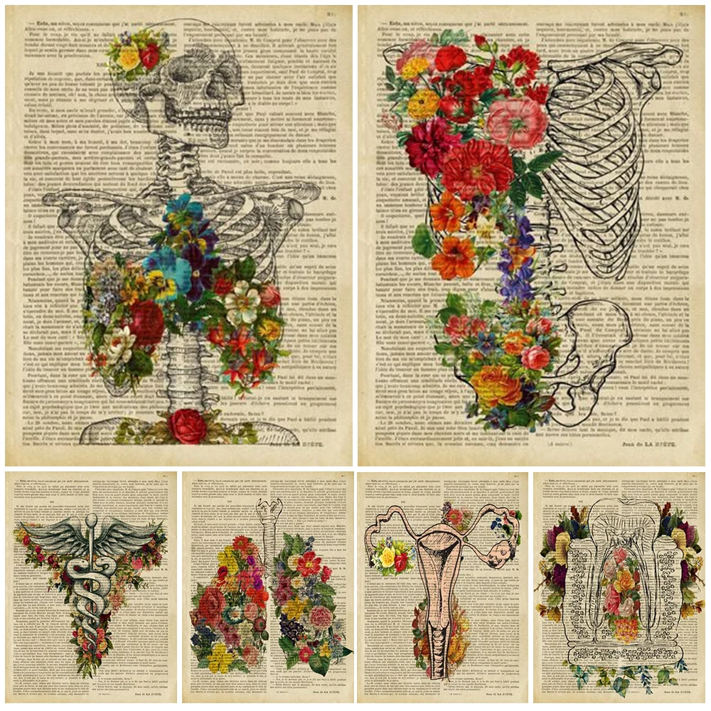 

Vintage Human Body Inspired Book Posters Heart Wall Art Canvas Painting Skeleton Wall Pictures For Living Room Home Decor