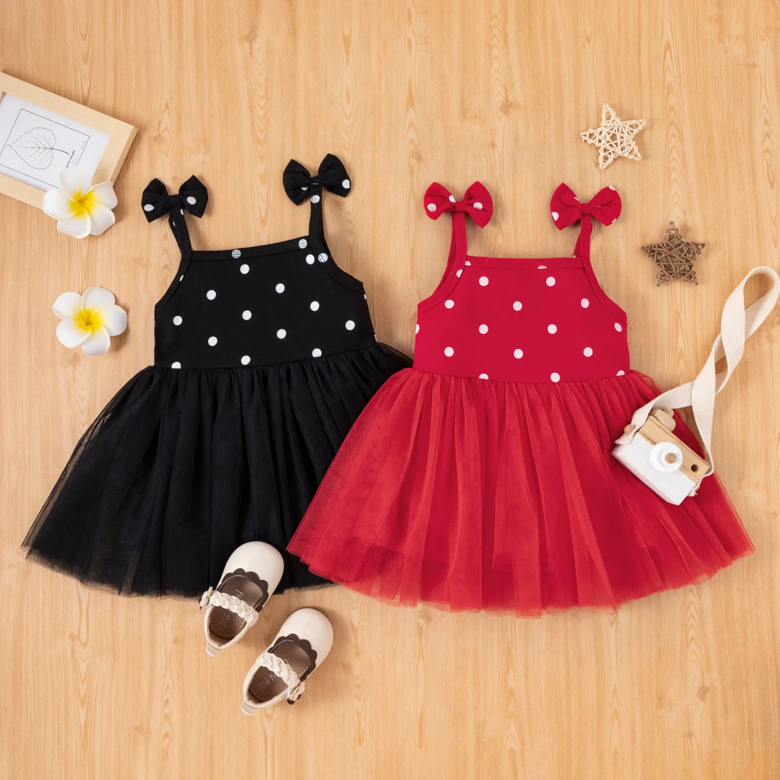 

1-5Y Cute Sleeveless Strap Tulle Baby Girl Dress First Birthday Girl Party Princess Dress Summer Dot Print Toddler Girl Clothes