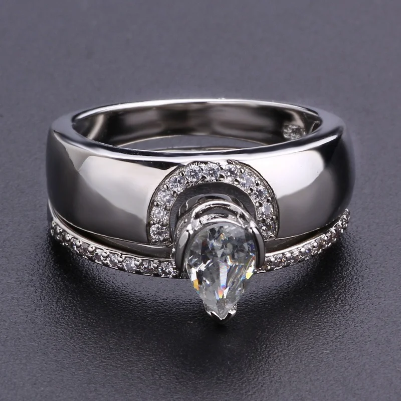 

2Pcs/set Sparkling Metal Craftsman Inlaid Water Drop Pear Shaped Zircon Rings Women's Wedding Travel Party Rings
