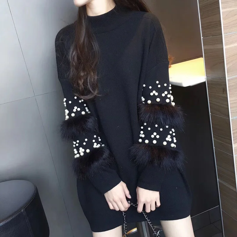

Elegant Autumn Winter Women Knitted Pullovers Sweaters Female Long Sleeve Wool Stitching Faux Rabbits Fur Beaded Sweater Dresses