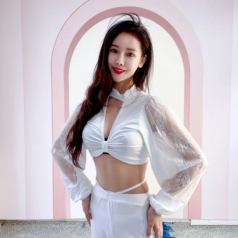 

2023National Dance Belly Dance Deep V Bow Chest Collar Stitching Printed Lace Lantern Sleeve Clothes Bandage Slit Pants Set NEW