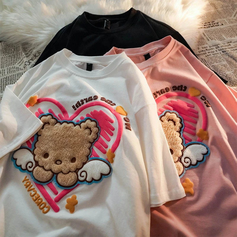 

Summer Short-Sleeved T-Shirt Women Towel Embroidered Plush Angel Bear Kawaii Clothes Harajuku Student Top