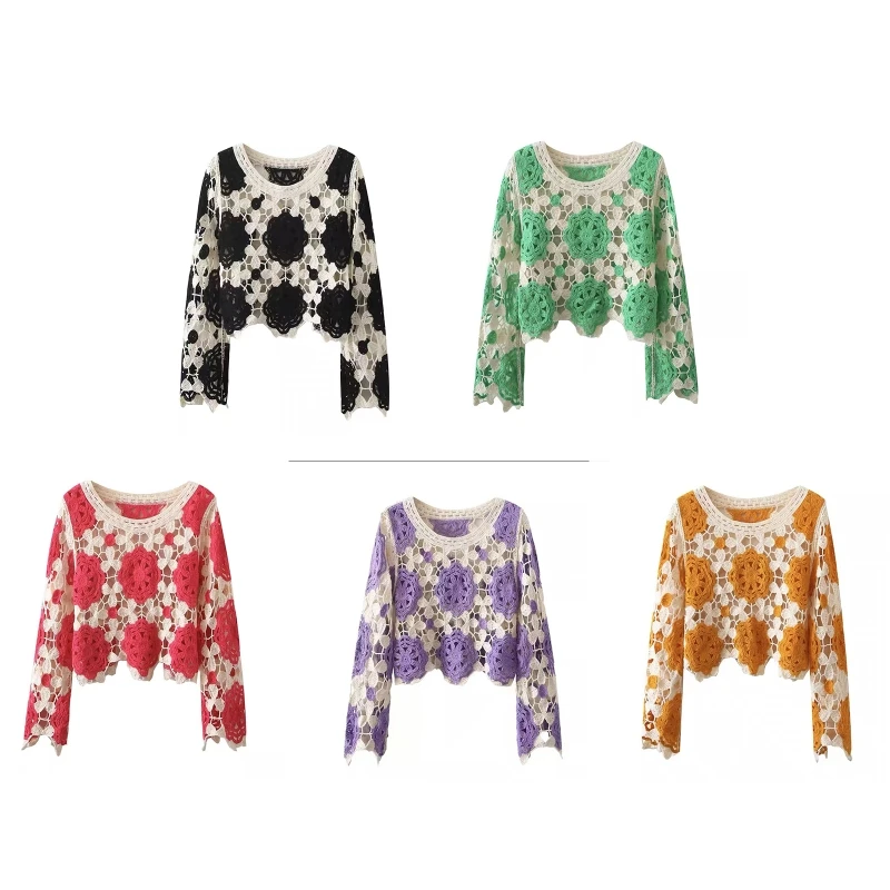 

New style Women's Color Block Thin Sweater Loose French Crochet Knitted Tops for Vacation