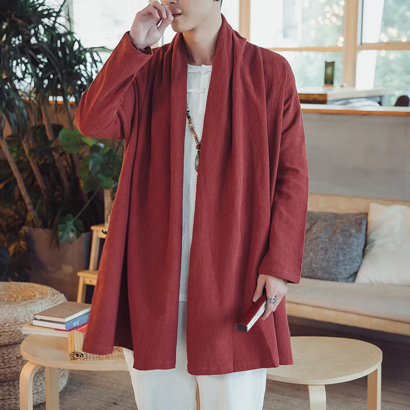 Chinese Tang Suit Ancient Style Hanfu Men'S Clothing Cotton Linen Cloak Coat Retro Zen Clothing Taoist Robe Gown