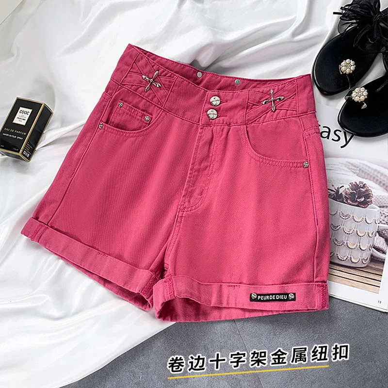 2023 Summer New Design Sense Large Size Denim Shorts Women's Rose Red High Waist Slim Straight Leg Pants Fashion