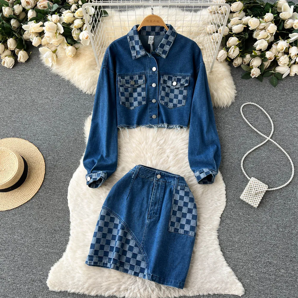 

Autumn New Design Sense Plaid Stitching Short Denim Jacket + Package Hip Short Skirt Two-piece Set