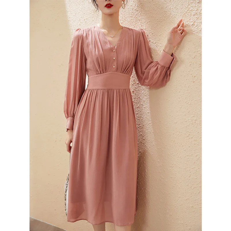 

Cherry Pink Mulberry Silk Dress 2023 New Autumn Long Sleeve V-neck Bubble Sleeve Slim Temperament Dress Pink Looks White