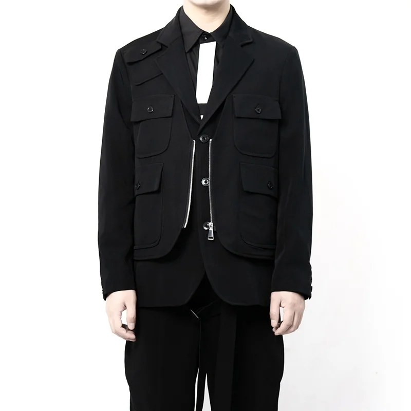 

suit Men's zipper stitching double layer dark tie multi-pocket