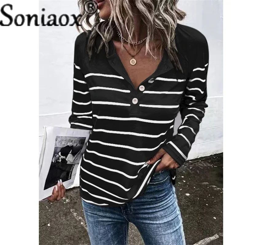 

Women Tees 2022 Autumn Long Sleeve Button Lapel Loose T-shirt Cotton Stripes Casual Streetwear Two-Color Color Matching Tops