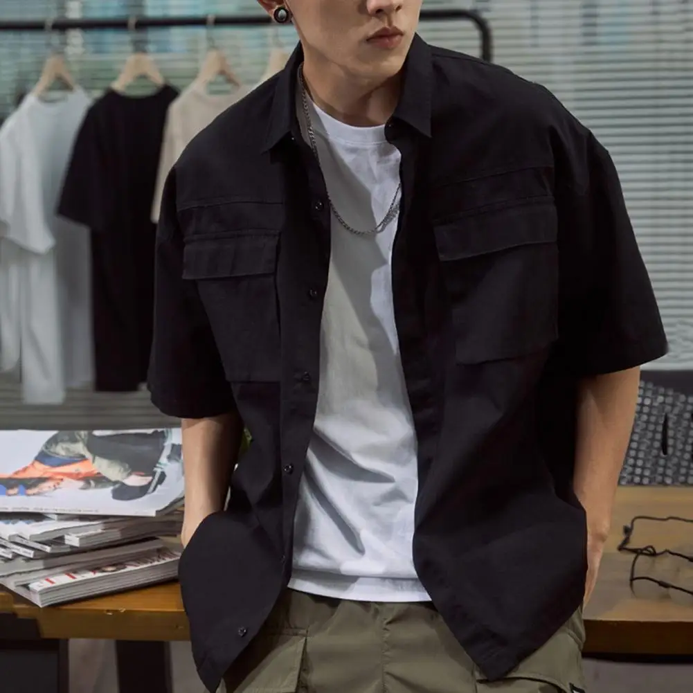

Shirt Buttons Loose Solid Color Short Sleeve Pockets for School