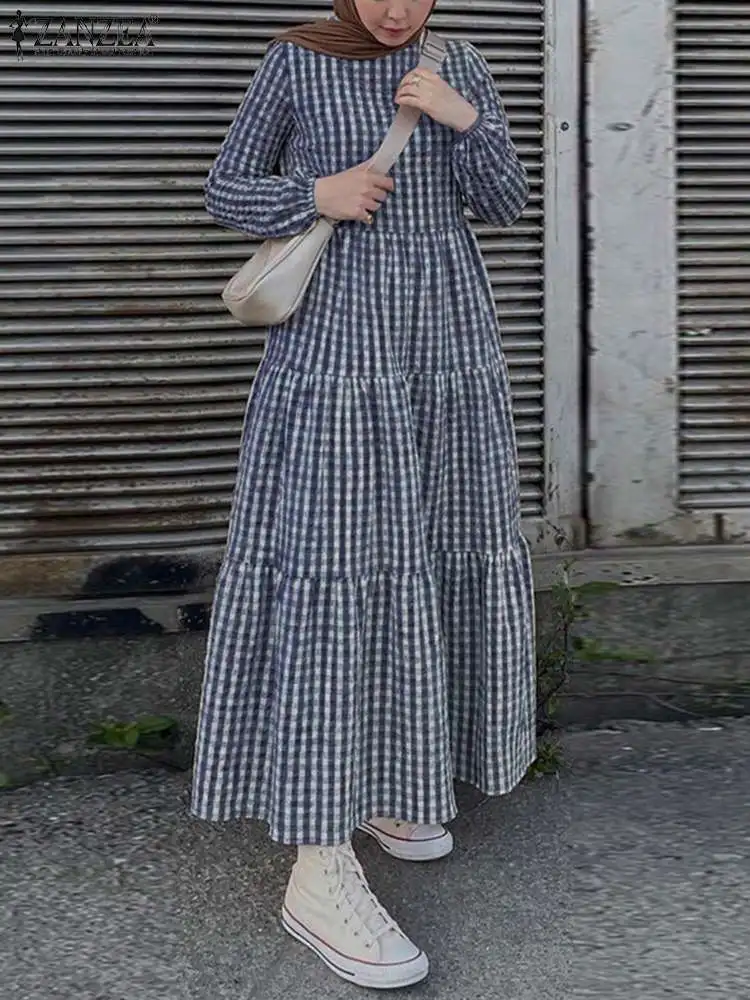 

Women Check Muslim Dress ZANZEA Abaya Dubai Sundress Stylish Puff Sleeve Ruffle Vestidos Female O Neck Robe Femme Oversized