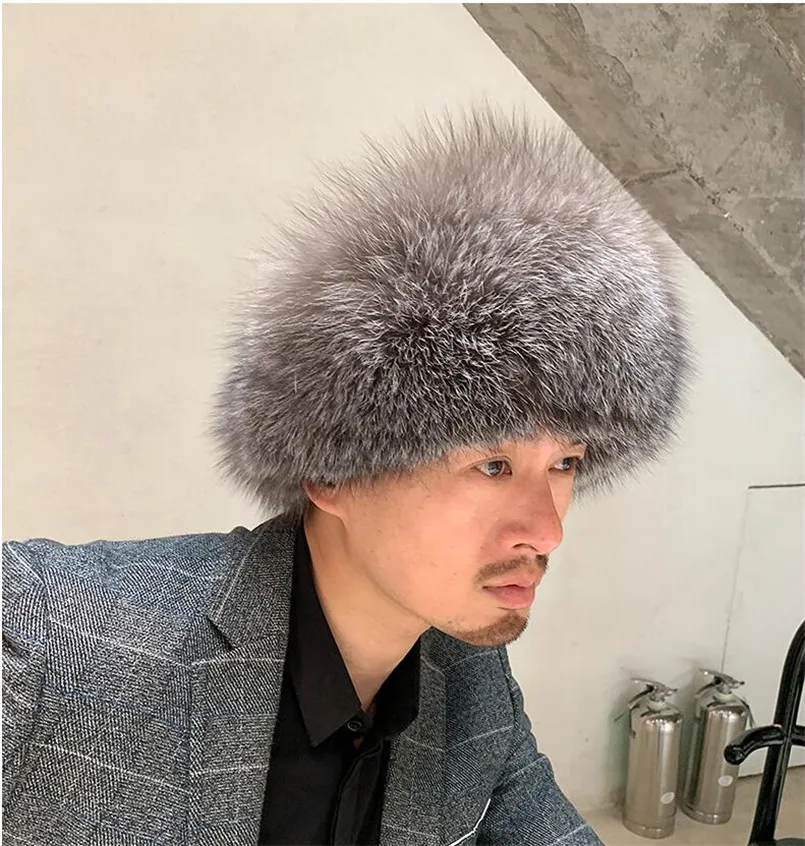 Adjustable Soft Real Silver Fox Fur Octagonal Cap Genuine Sheepskin Leather Winter Men Hats