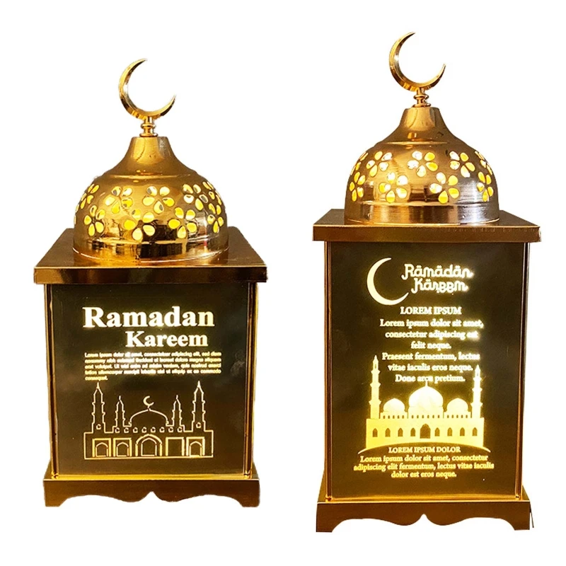 

Led Eid Ramadan Wind Lantern Castle Mubarak Muslim Light Wrought Iron Lamp for Eid Festival Home Party Decoration