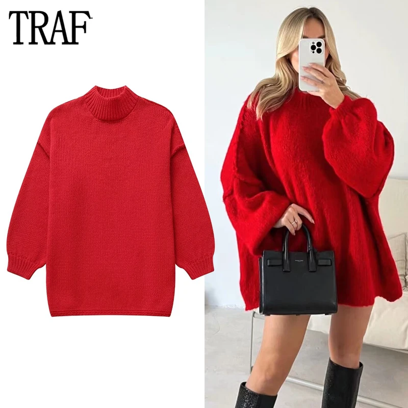 

TRAF Red Oversized Sweater Women Pullovers Knitted Sweater Woman 2023 Puff Sleeve Sweaters for Women Autumn Winter Warm Jerseys