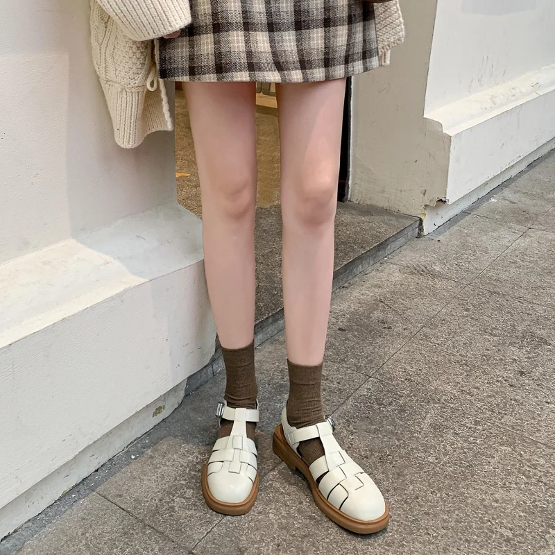 

Roman Style 2022 Sandals Summer Gladiatior Shoes Flat Heels Vintage Sandalias Split Leather Flats For Women Closed Toe