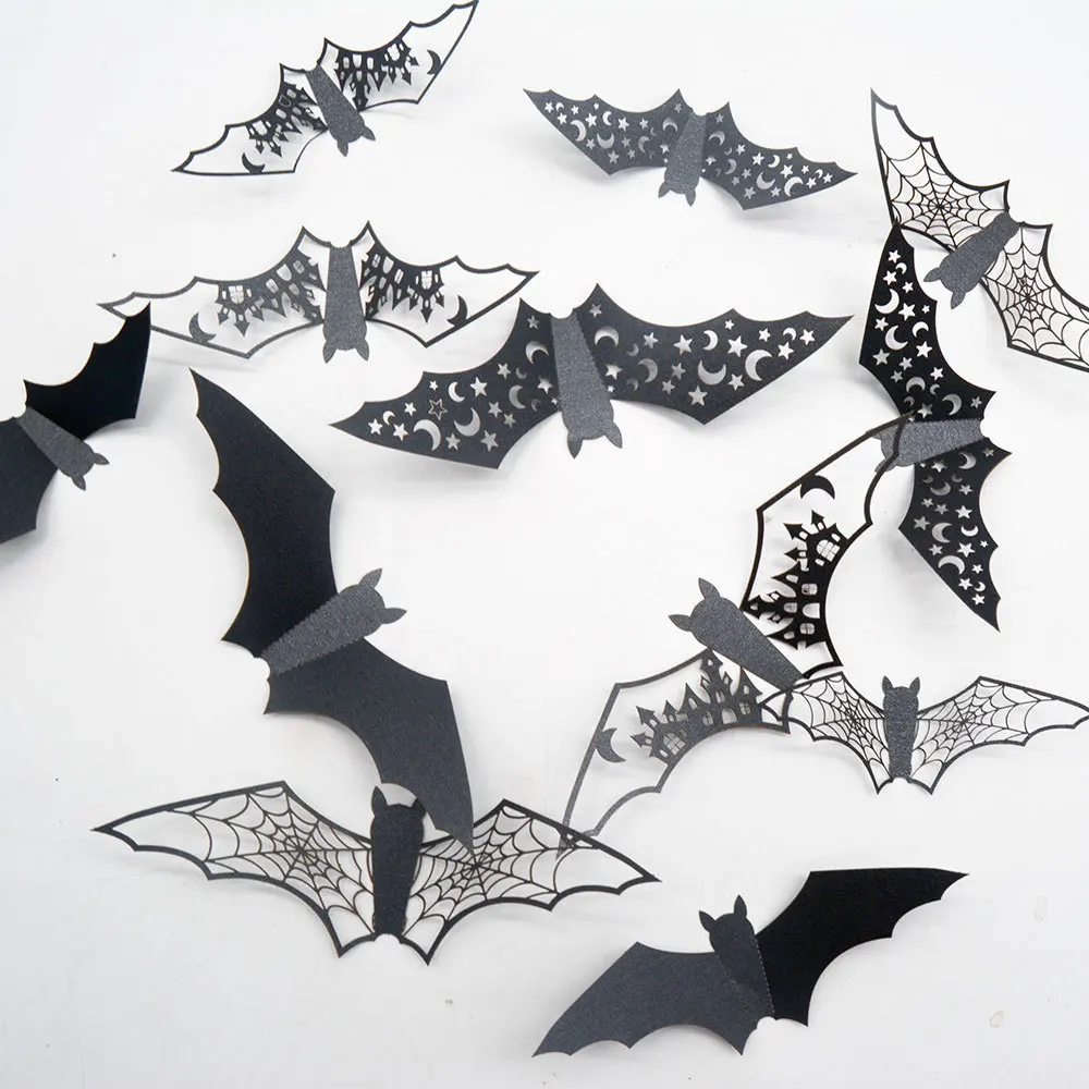 New 12Pcs Halloween 3D Hollow Bat Wall Stickers Black Sticker Room Decor Party DIY Decals Horror Bats Removable |