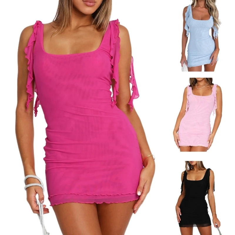

Women Mesh Mini Dress Backless Bodycon Dress Square Neck Sleevekess Bodycon Wrap