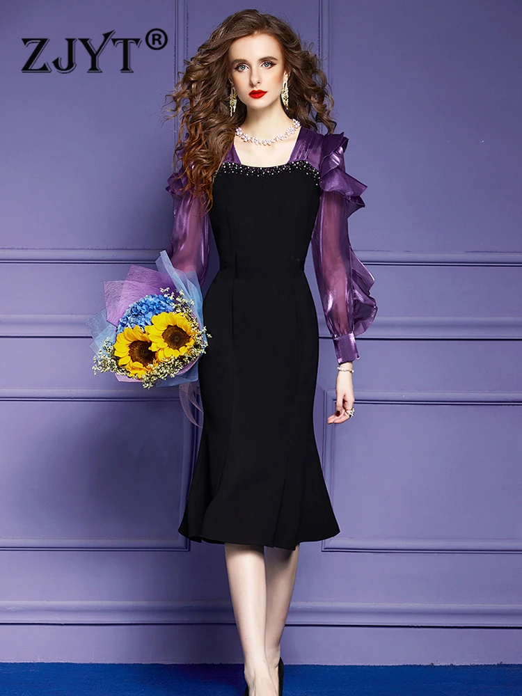

ZJYT Elegant Luxury Beading Mermaid Formal Occasion Dresses for Women 2023 Plus Size Midi Party Vestidos De Fiesta Black Robes