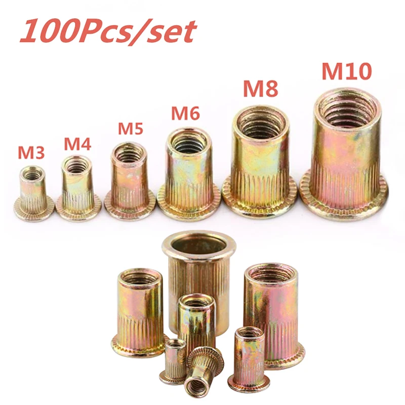 

100Pcs/Set M3/M4/M5/M6/M8/M10 Carbon Steel Rivet Nut Flat Countersunk Head Replacement Insert Rivnut Hardware Part Riveter Tool