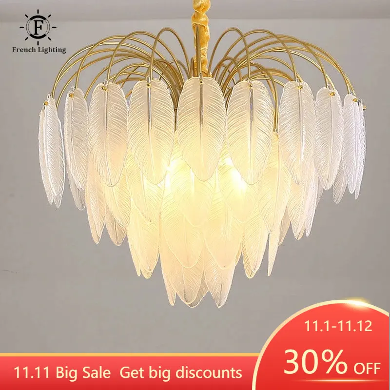 

Modern Glass White Feather Chandelier Lighting Creative For Living Room Bedroom Dining room Luxury Led E14 Pendant Lights