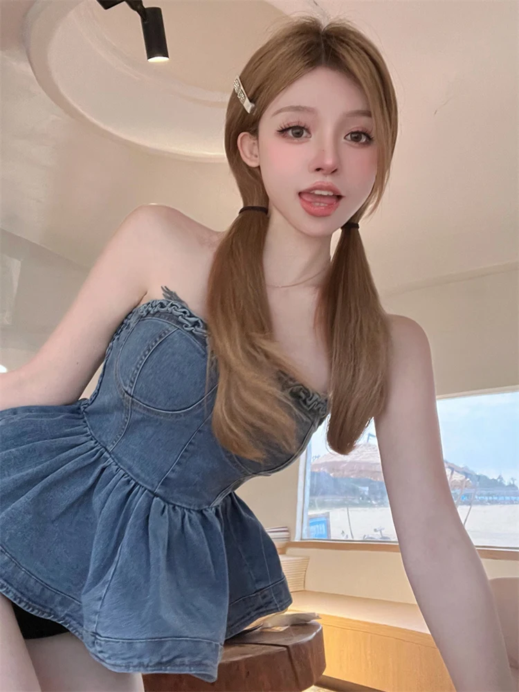 Майка женская джинсовая на одно плечо пикантный облегающий топ с цветочным