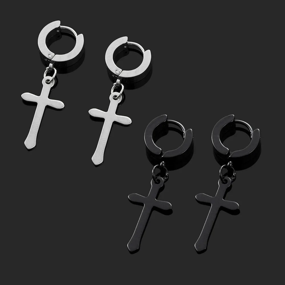 Men Fashion Stainless Steel Cross Earrings Punk Hip Hop Jewelry for Cool Women Girl Friendship Gifts Accessories