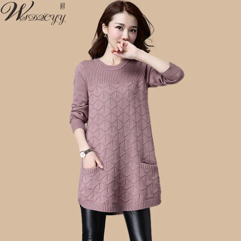 

Vintgae Round Neck Long Sweater Women Solid Long Sleeve Knitwear Top Loose Pocket Autumn Winter Knitted Bottoming Plus Size