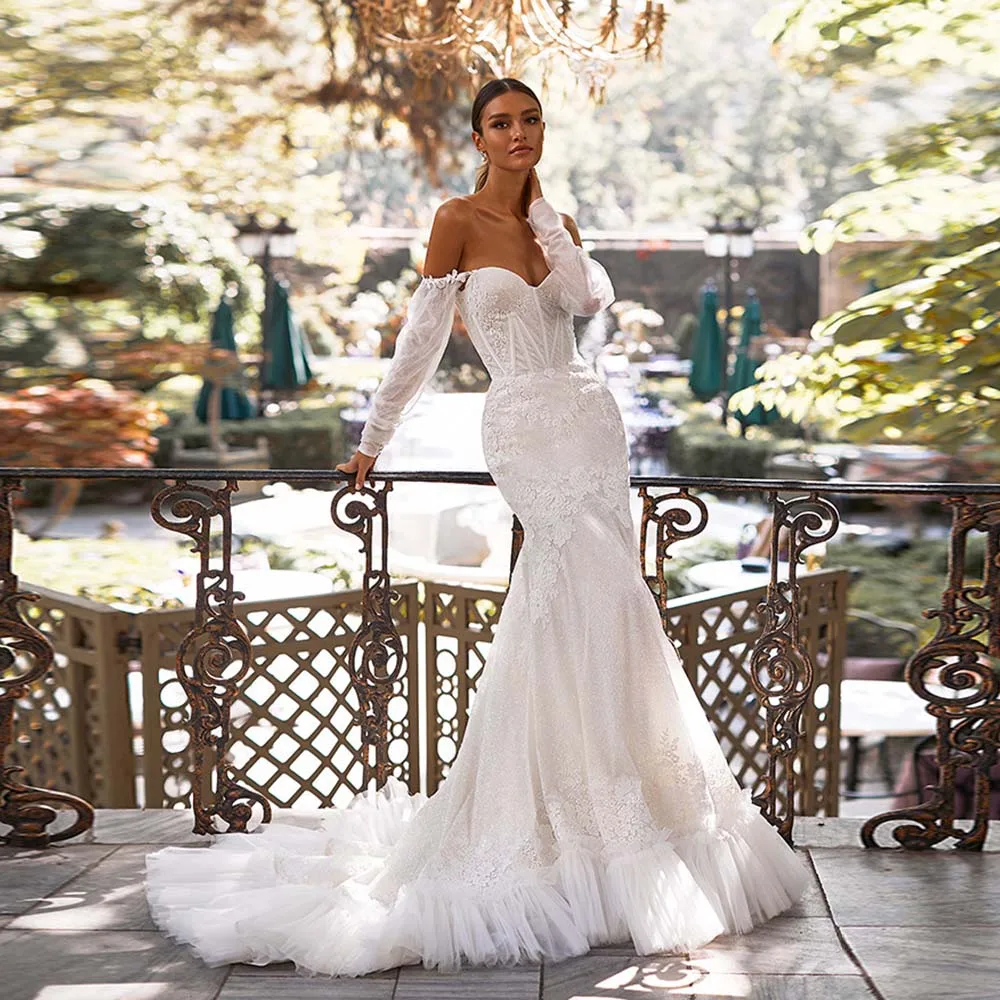 

Exquisite Wedding Gowns Sweetheart Off Shoulder Lace Bridal Gown For Bride Applique Beaded Glitter Tulle Long Sleeve Bride Dress