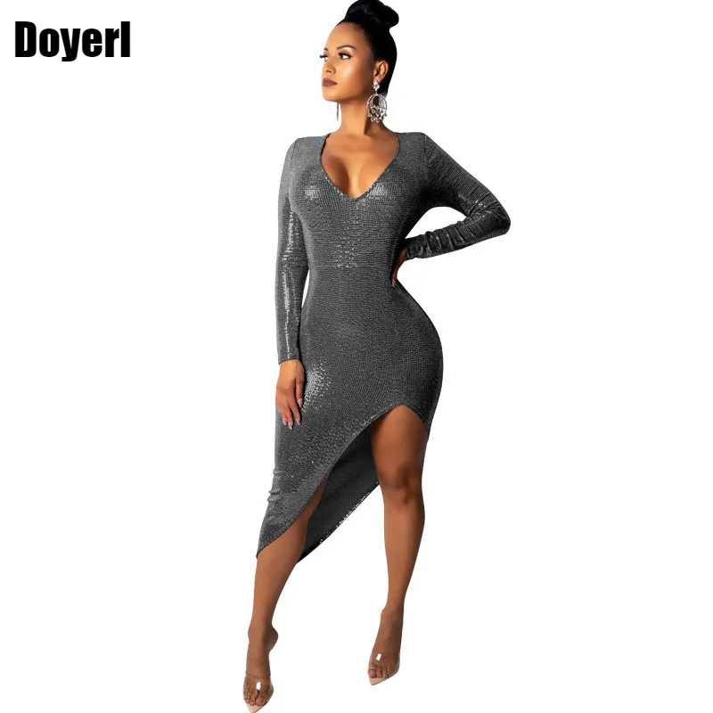 Женское зимнее черное платье с длинным рукавом и блестками элегантное блестящее