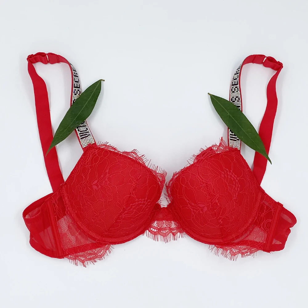 wholesale Women Push Up Bra Sexy VS Letter Rhinestones Lace Lingerie Bralette Womens Backless Intimates Pink Underwear lingerie