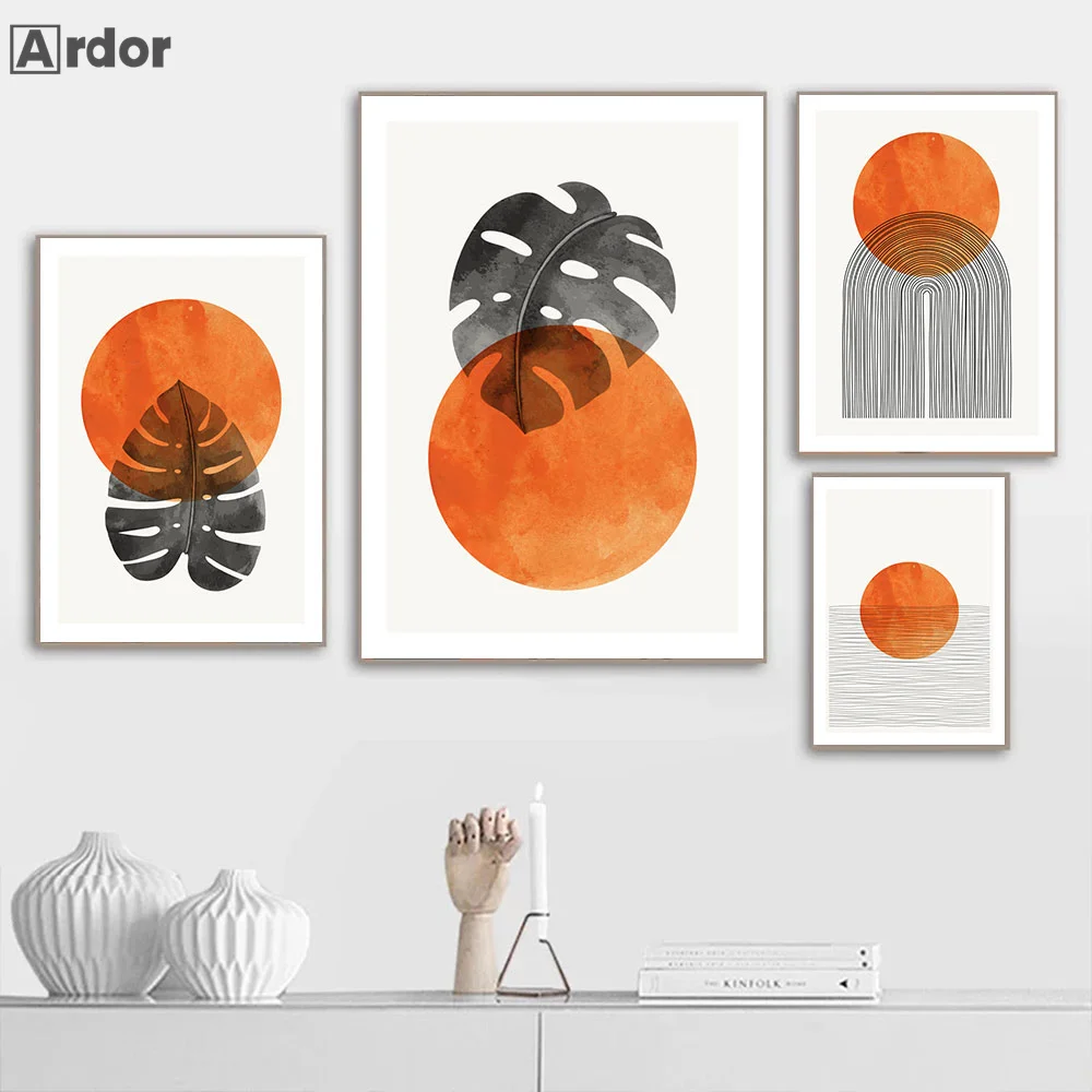 

Оранжевый постер в стиле бохо с изображением солнца и листьев, Абстрактная Картина на холсте, минималистичные принты, скандинавские настен...