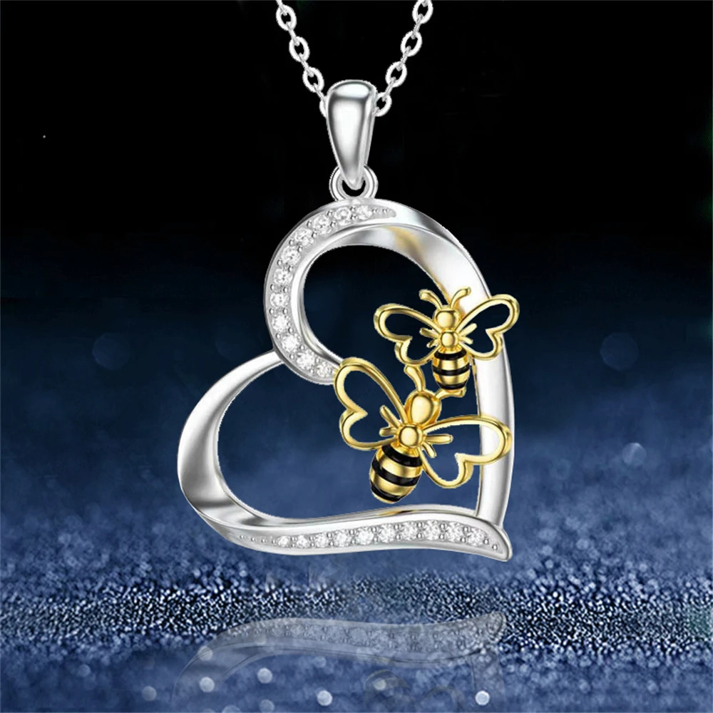 

Golden Bee Necklace Silver Heart Luxury Zircon Pendant Necklace For Women Teen Girl Fashion Jewelry Anniversary Gift