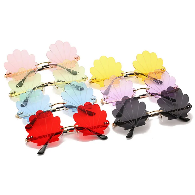 

Fashion Unique Flower Shape Rimless Women Sunglasses Brand Designer Retro Shell Grain Clear Ocean Lens Female Sun Glasses