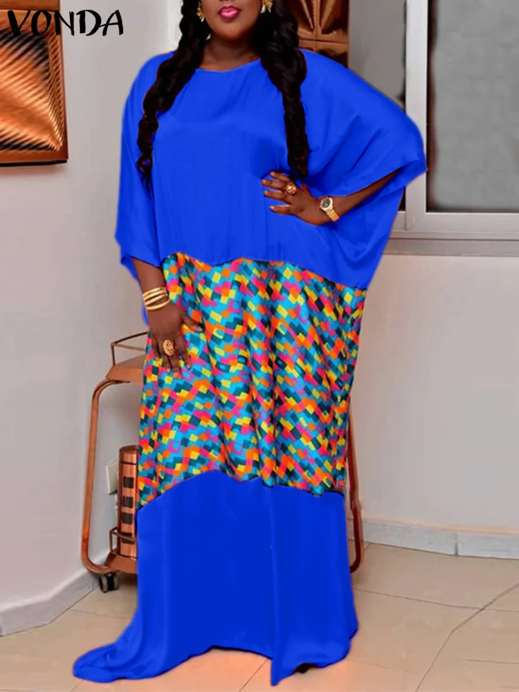 

Женское летнее платье-макси VONDA 2022 с круглым вырезом и принтом в стиле пэчворк, женский сарафан с рукавом 3/4, повседневное свободное празднич...