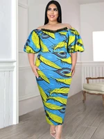 plus size floral print dress for women off shoulder short puff sleeve sexy maxi robes bodycon midi gowns summer evening party