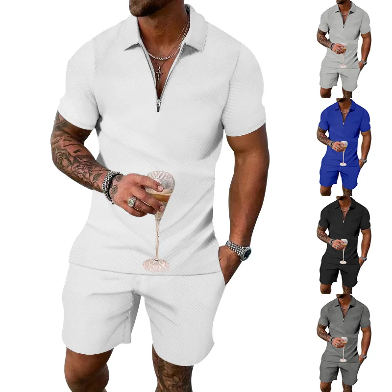 

2023 Summer New Mens Suit Texture Jacquard Set Solid Polo Short Sleeve Shorts for Men