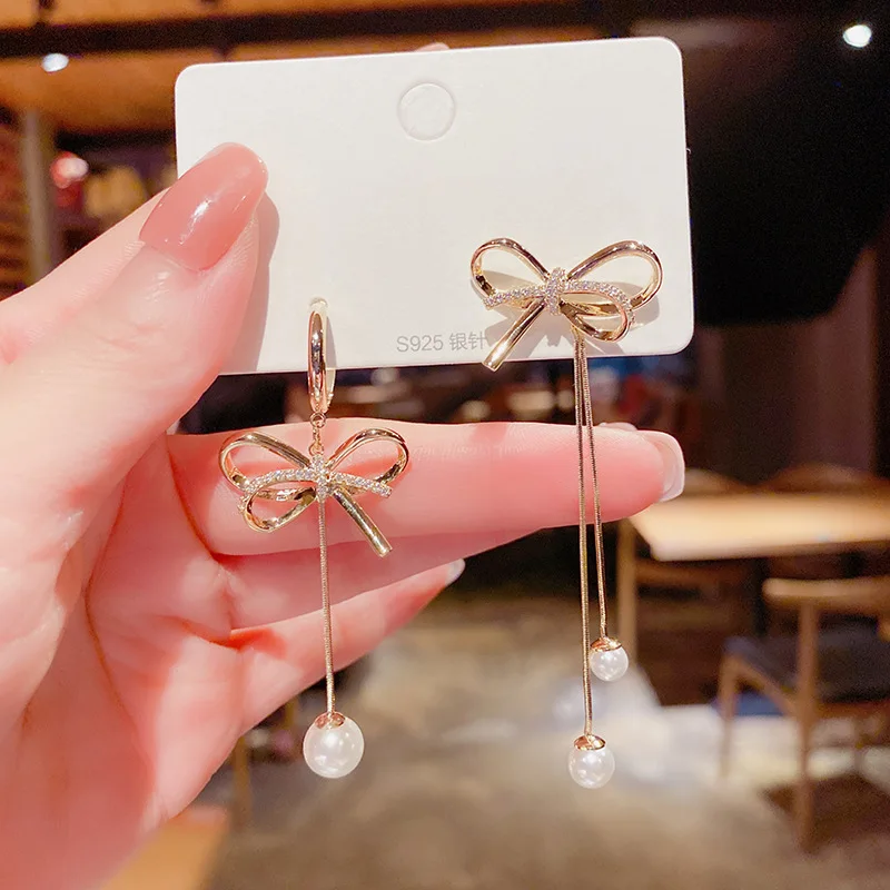 

Simple Long Asymmetric Diamond Pearl Pendant Bow Earrings For Women Korean Fashion Earring Daily Birthday Party Jewelry Gifts