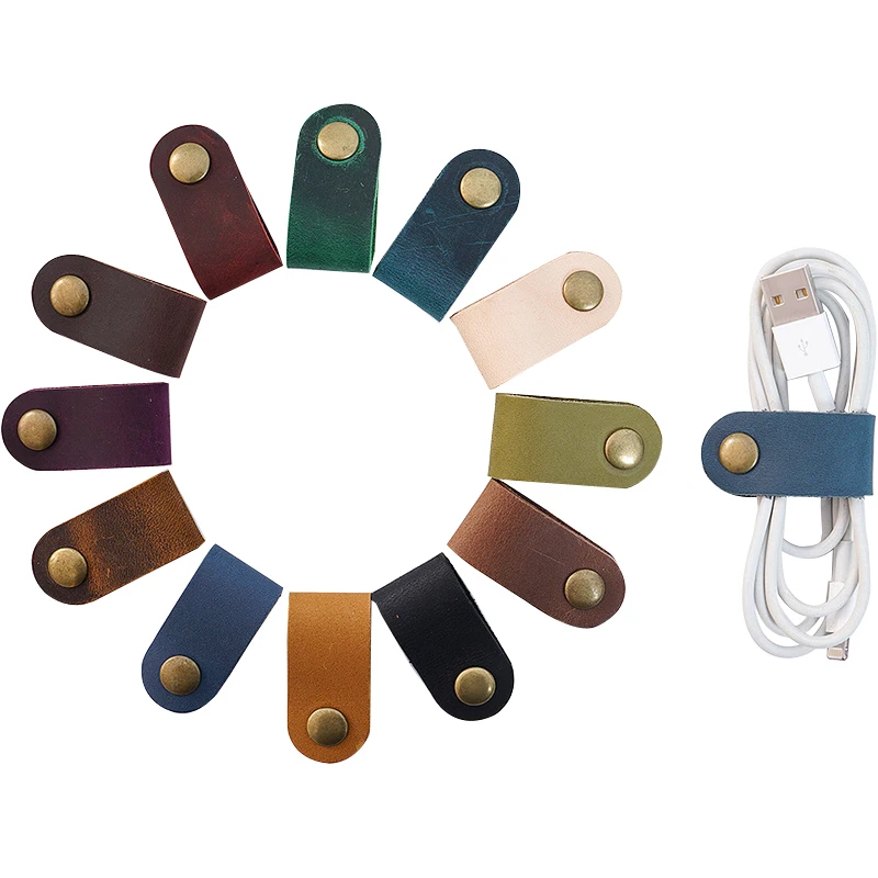

Handmade Desk Set Nature Genuine Leather Cowhide Button Wire Clip Organizer Cable Manager Small Tools Desktop Supplies