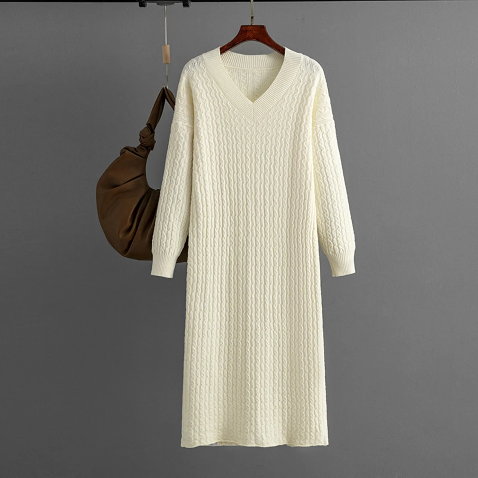 

2023 New Women Sweater Dress Autumn Solid Long Sleeves V Neck Rib Knitted Long Dress Casual Winter Female Elegant Streetwear