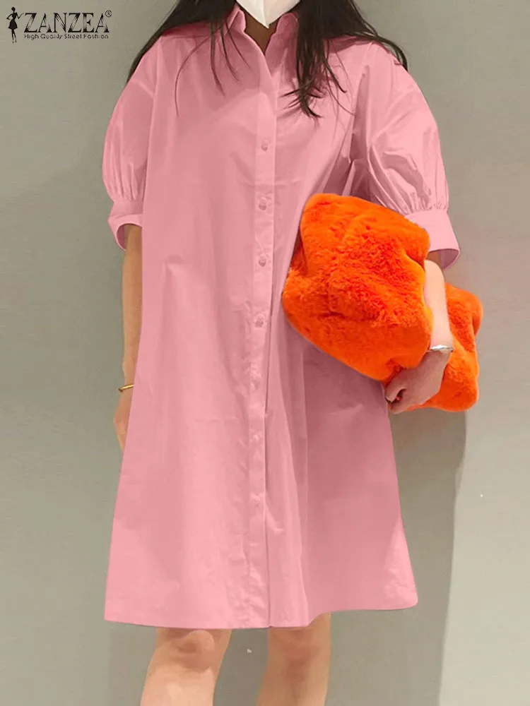 

ZANZEA Summer Fashion Street Dress Woman Elegant OL Office Shirtdress Half Sleeve Lapel Neck Dresses Casual Solid Sundress 2023