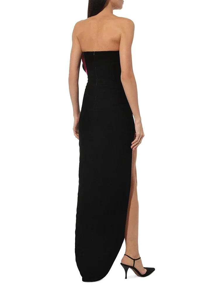 Женское бархатное платье без бретелек черное розовое Красное длинное с оборками