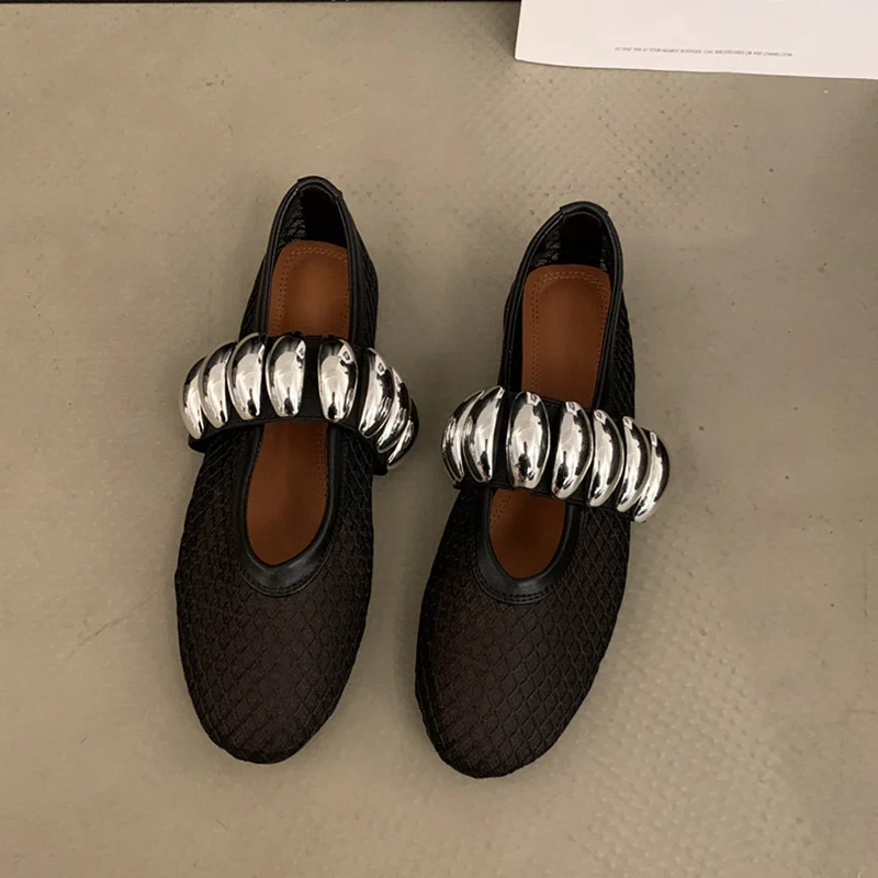 Балетки женские с заклепками сетчатые ремешком и пряжкой повседневные мягкие