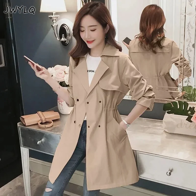 

Spring Autumn Double Breasted Loose Women Clothing Solid Color Long Sleeves Drawstring Mid Long Coat Women Streetwear Women Coat