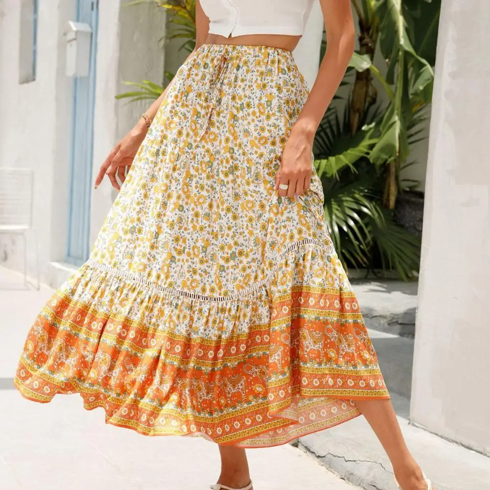 

Elegant Summer Holiday Colorful Skirts Women Patchwork Ruffles Casual Long Skirt Elastic Waist Lady Straight Print Skirt Vestido