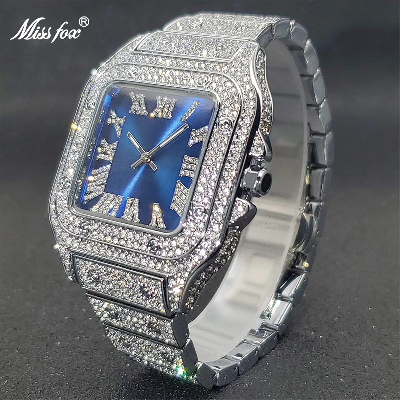 

Hiphop MISSFOX Rectangle Tank Watches Men Luxury Fully Iced Out Watches Platinum Diamond Japan Movt Classic Replica Male Watch