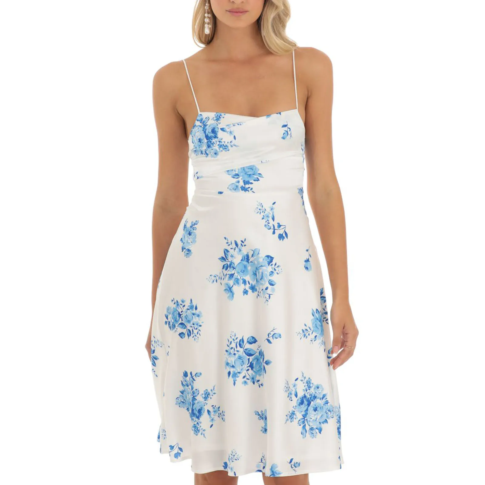 

Women's Summer Casual Sling Dress Floral Print Spaghetti Strap Midi Dress Fashion Cross Tie-Up Backless Dress