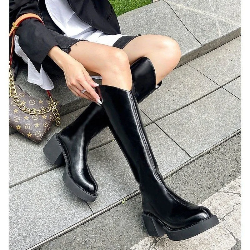 

Boots 2022 Autumn and Winter New PU Leather Thick-soled Riding Boots Women's Heightened and Thin Chelsea Knight Boots Wild