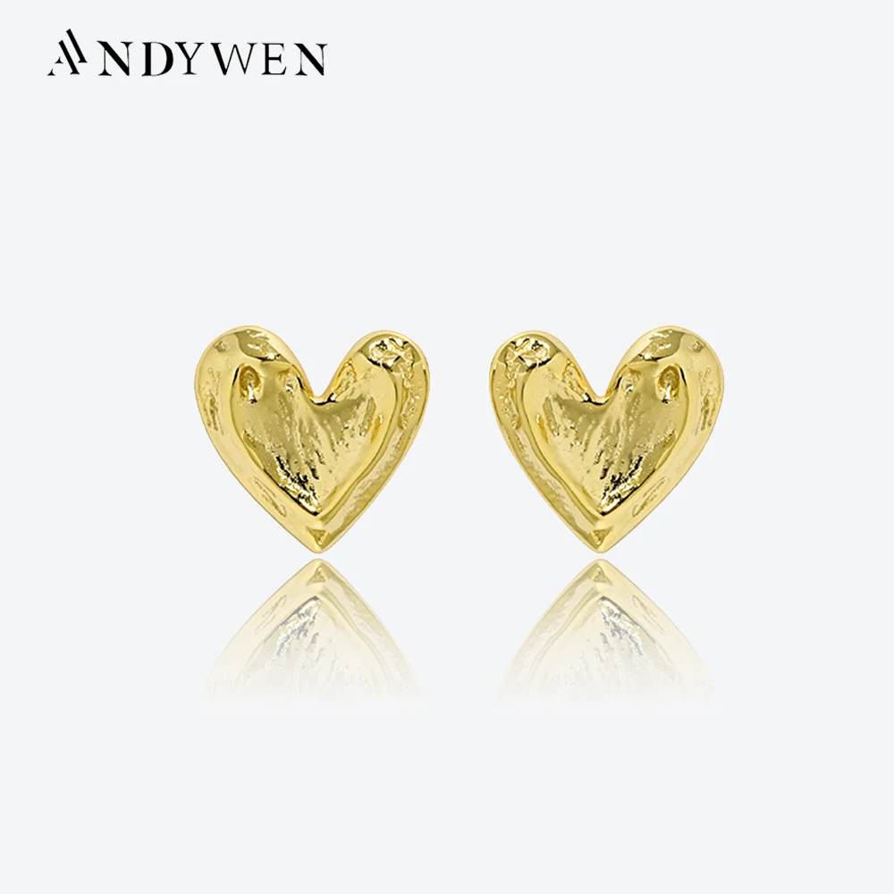 ANDYWEN 925 Sterling Silver Gold Big Heart Stud Earring Love Women Luxury Fine Jewelry 2023 Irregular Rock Punk Jewels